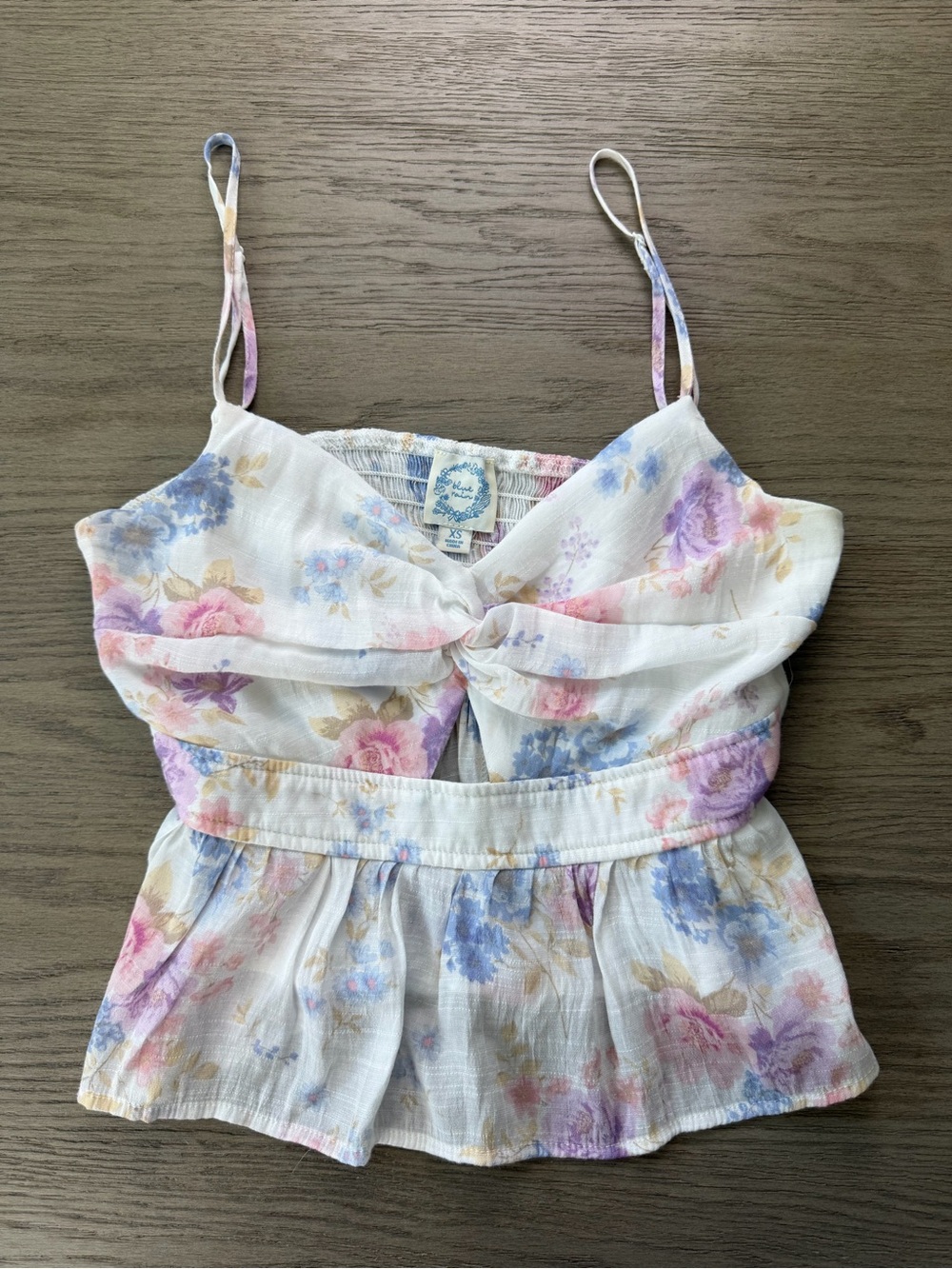 Blue Rain Floral Peplum Cami XS Cottagecore Twist Front Tank Top